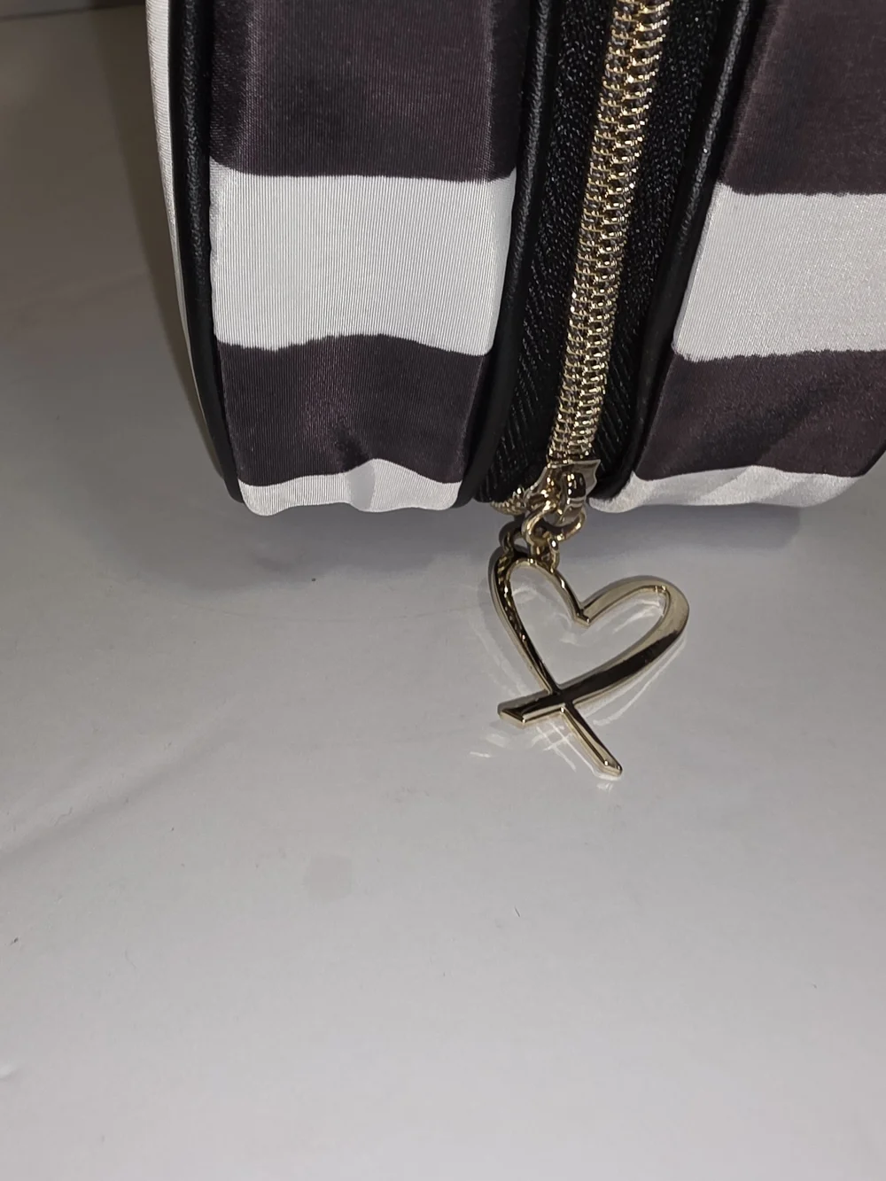 Victoria's Secret Black and White Striped Cosmetic Case with Gold Logo
